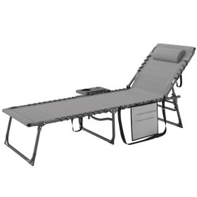 Folding Outdoor Chaise Lounge Chair Tanning Chair With 5-Level Adjustable Back, Side Table, Pillow, Pocket, Gray (Option: gray)